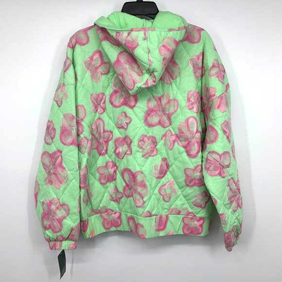 Wild Fable Jacket Hooded Quilted Green Pink Floral Full Zip - Picture 10 of 12